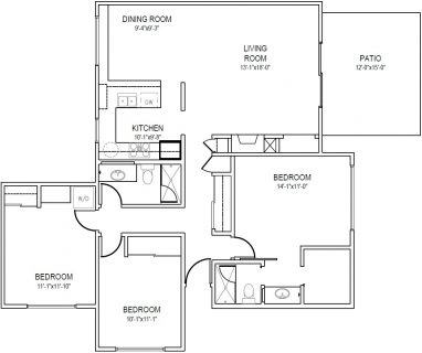 Floor plan for 3 beds, 2 baths, 1300 sqft